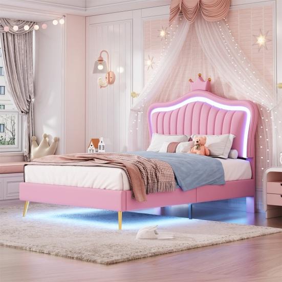 Family Bed Crown Shape Children with Headboard LED Light Heavy Single Duty Strong Carrying Capacity Girl Bedroom Furniture Indoor