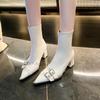 Fashion Block Heel Skinny Boots Women's Fashion Pointed Toe Rear Zip Rivet Metal Belt Buckle Non-Slip High Heel Shorthole Boots