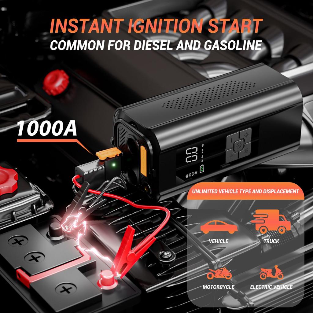 5 In 1 Car Jump Starter With 150PSI Air Compressor 10000mAh Car Power Bank & Booster Charger 1000A Car Battery Starting Device