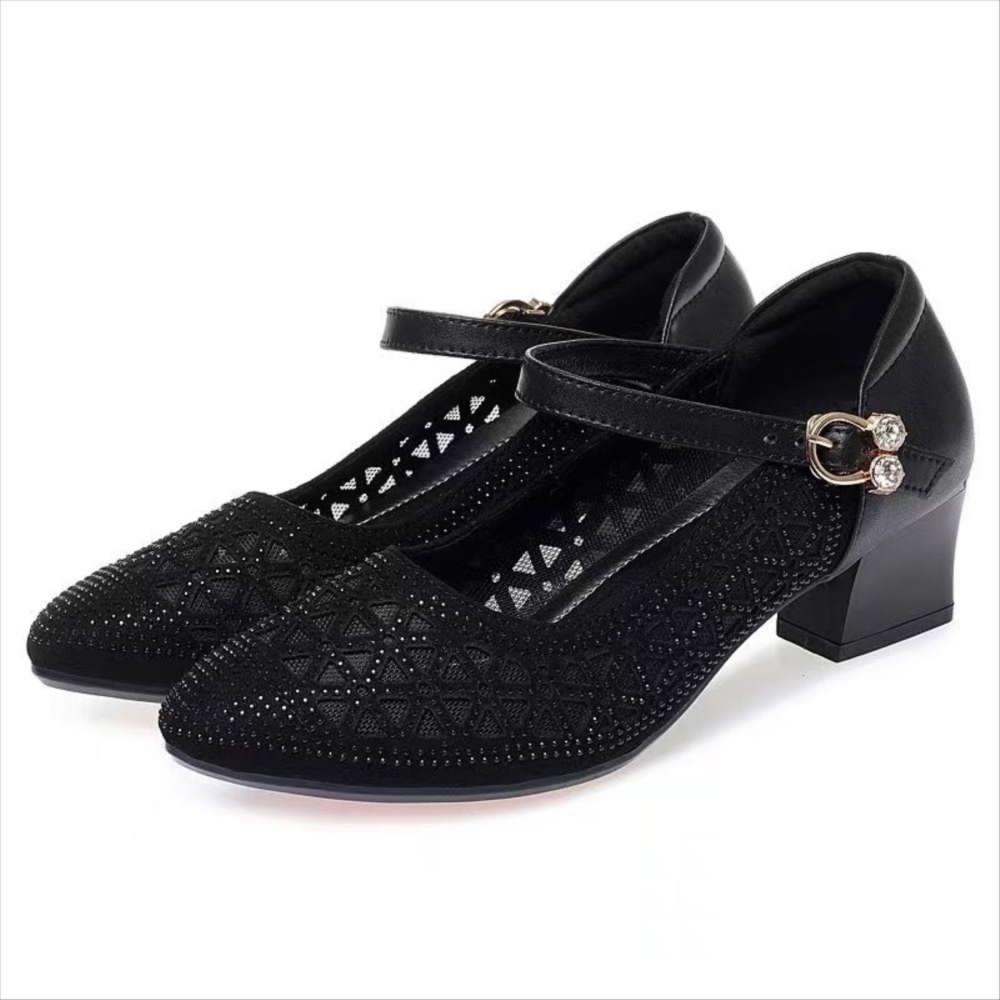 Черные сетчатые полые сандалии со стразами, женские повседневные рабочие туфли на толстом каблуке и высоком каблуке с пряжкой одного слова, мягкая кожаная обувь