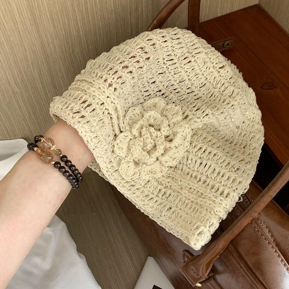 Handmade Crochet Flower Hat Glitter Weave Cap Cute Sequin Knitted Hat  Girls