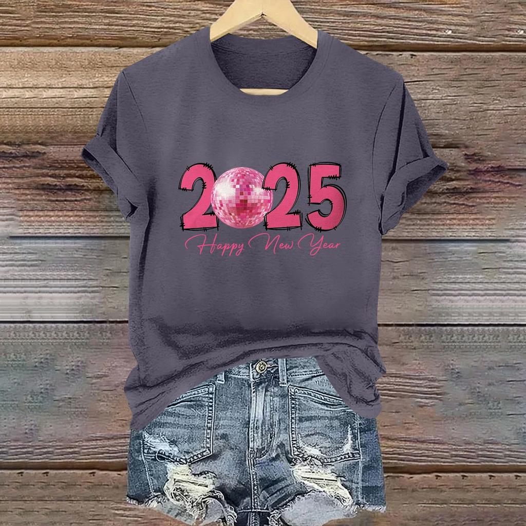 Women's Long Sleeve Round Neck T-Shirts 2025 New Year Print Puff Sleeve Shirts Button Blouses Tops