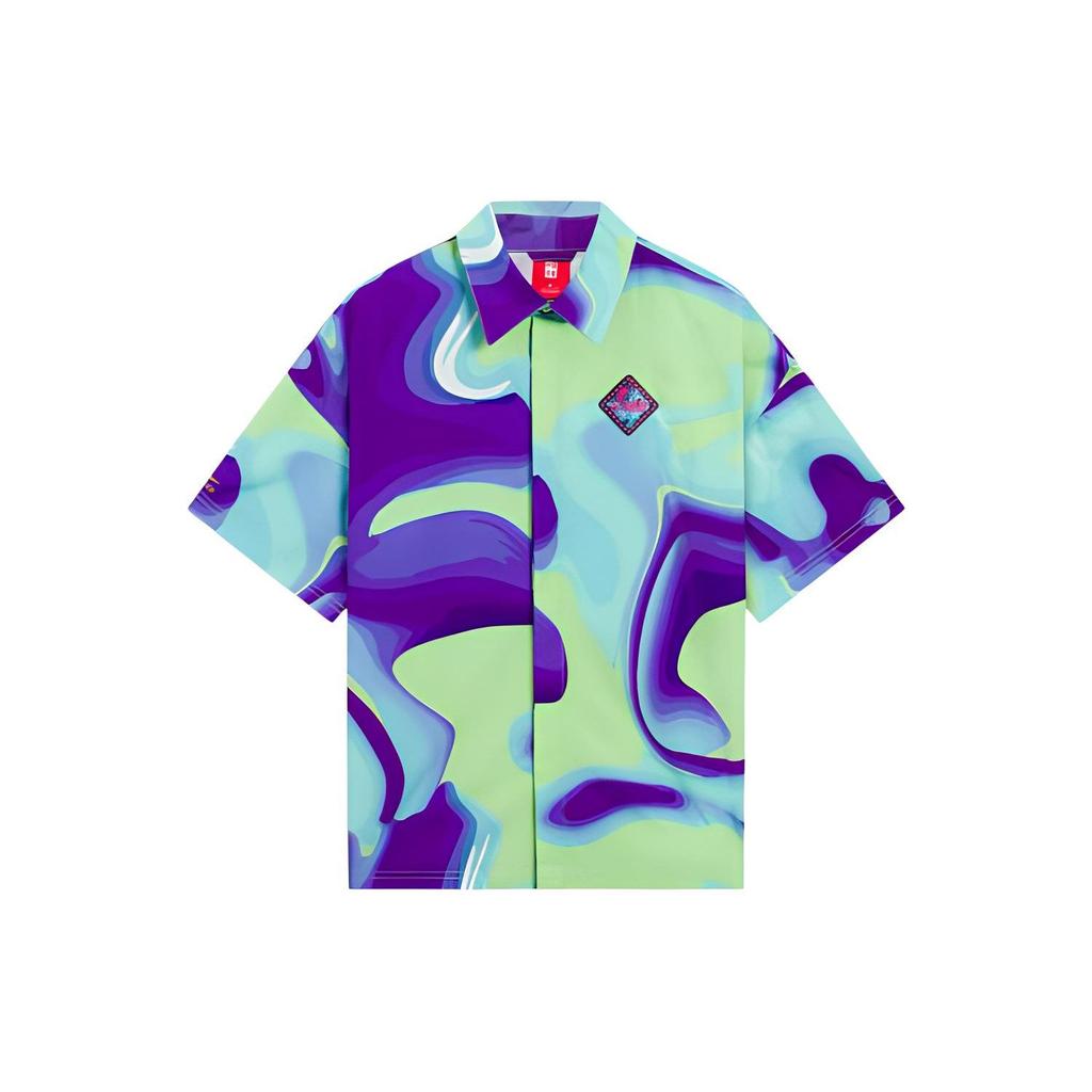 Li Ning Sports Fashion Series 22 Весенне-летний трендовый музыкальный фестиваль сплошной принт свободная повседневная рубашка с коротким рукавом с большим логотипом женские рубашки ASHS018-1