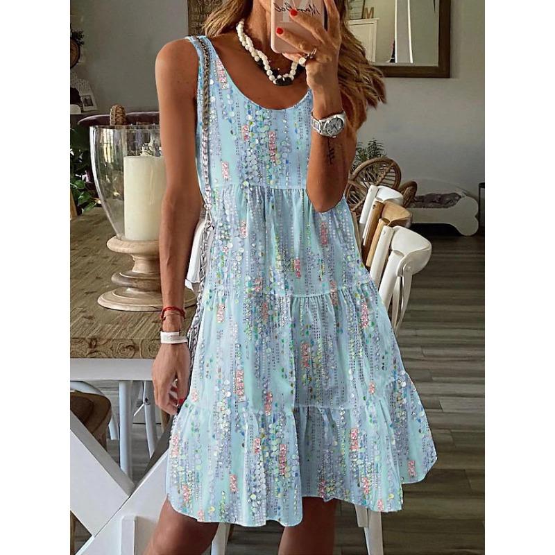 Women's Spring and Summer Casual Fashion Floral Print Loose Round Neck Sleeveless Bobbin Mid-length Dresses