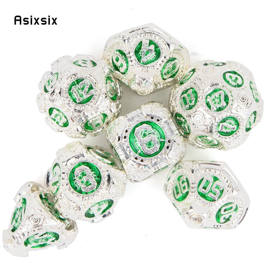 7 Pcs White Green Gear Wheel Metal Dice Solid Metal Polyhedral Dice Set Suitable for Role-Playing RPG  Board Game Card Game