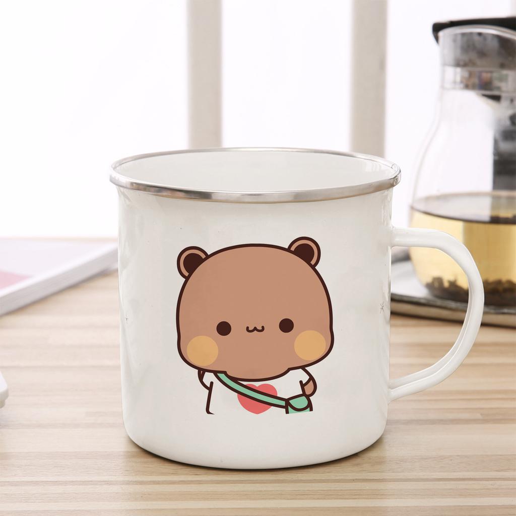 Эмалевая чашка с изображением мультяшного медведя с молоком и рисунком, чашка для кофе, чая, милого животного, завтрака, десерта, 11 унций, чашка для молока и воды, подарок для пары