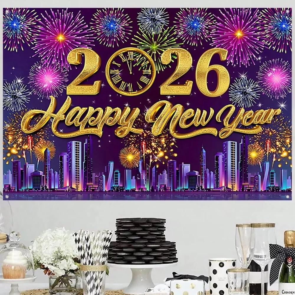 Shiny 2026 New Year Backdrop Banner Colorful Balloon Black Gold Photography Background Letter Champagne Celebration Banner Event