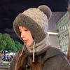 Новые осенне-зимние шапки для женщин, вязаные шерстяные шарфы-интегрированные шапки для зимы, теплые шапки с плюшевой подкладкой для защиты головы от холода, шапки с защитой ушей