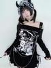 Готический панк Y2k принтованный топ с длинным рукавом горячая девушка эстетика открытые плечи сексуальная свободная футболка японский шнурок повседневная одежда осень