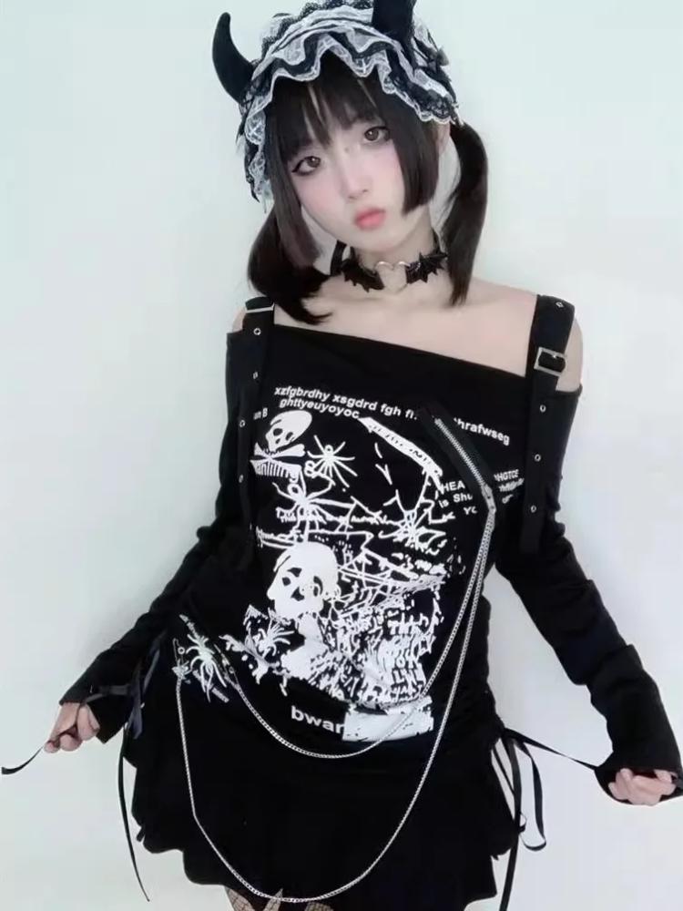 Готический панк Y2k принтованный топ с длинным рукавом горячая девушка эстетика открытые плечи сексуальная свободная футболка японский шнурок повседневная одежда осень