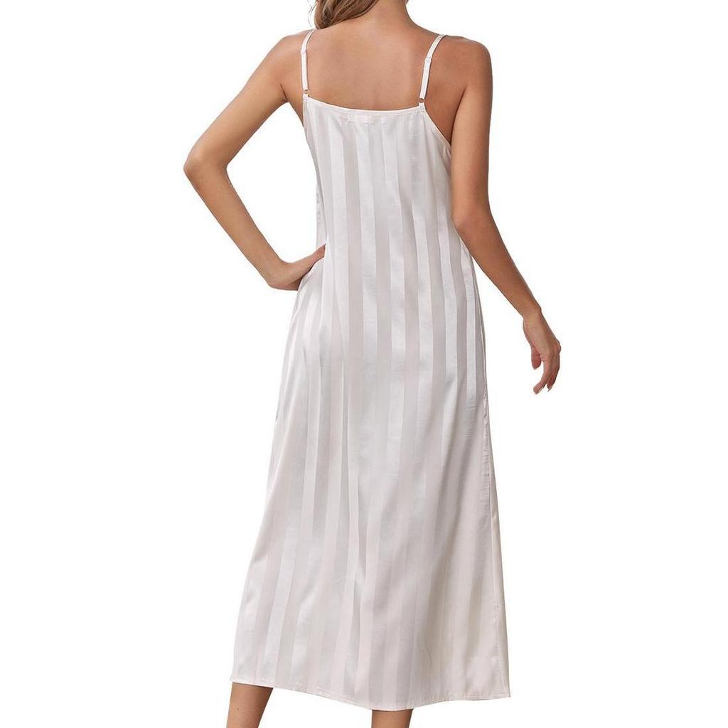 Women’s Nightgown Slip Night Dress 2 Pieces Set Satin Stripe Pajamas Dressing Gown Robe Sleepwear Home Wear Spring Autumn Sleep Lounge Clothes