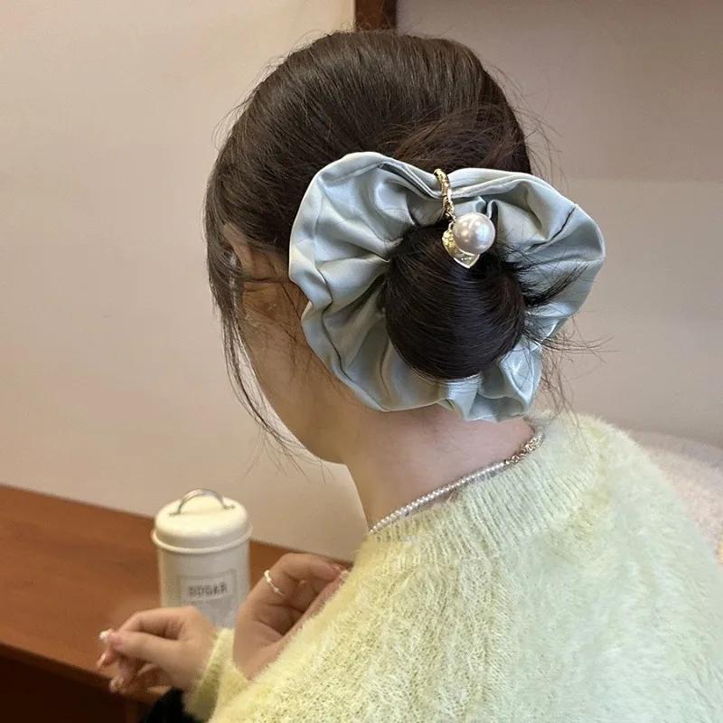 1pcs Vintage Satin Silk Solid Scrunchies for Hair Girls With Gold Heart Pearls for Women Hair Accessories Hairties