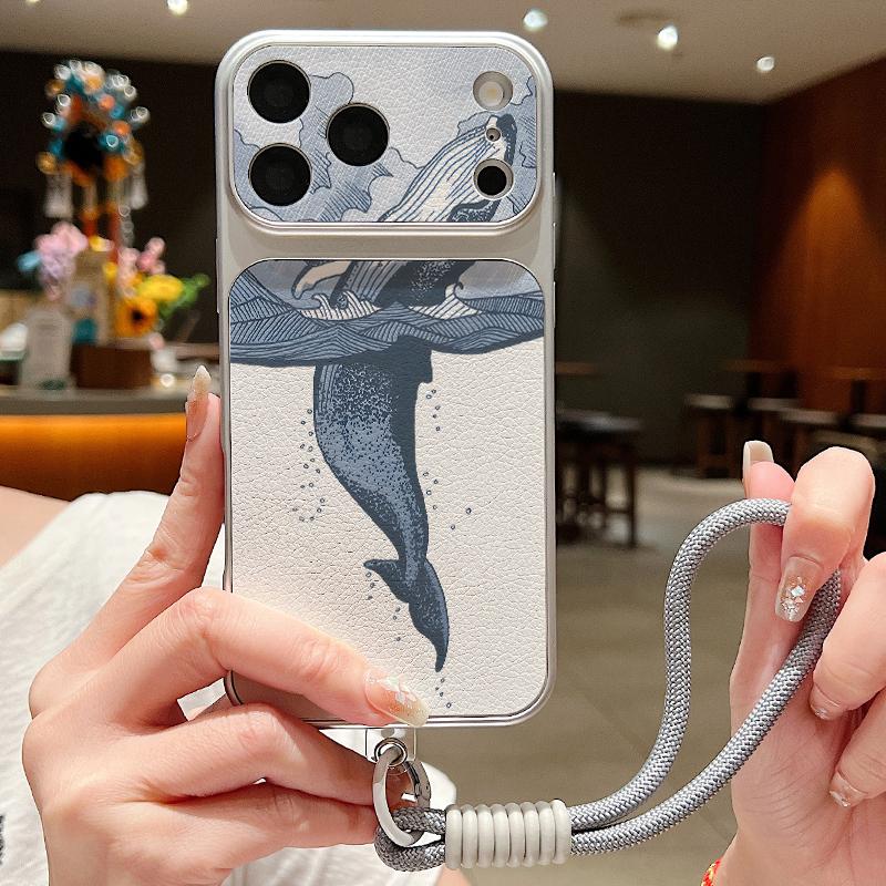 Синие Рыба Кит Океан Телефон Кожаный Шнурок Чехол Для iPhone 18 Pro Max Гибридный TPU+PU Противоскользящий Мягкий Чехол Для iPhone 17 16 15 14 13 Pro Max