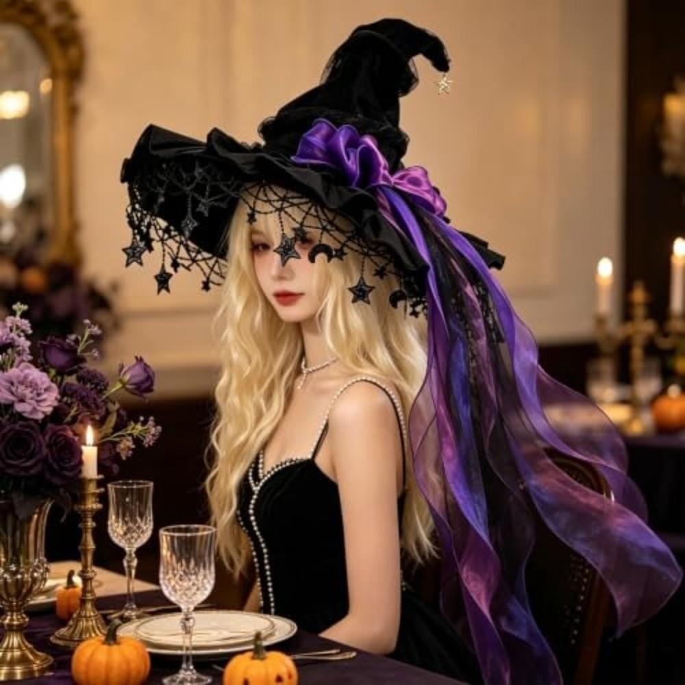 Lace Trim Gothic Hat Wide Brim Cosplay Costume Hat Dramatic Witch Hat Women’s Costume