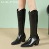 Женские высокие сапоги с острым носком, элегантные туфли на среднем каблуке, тренд 2025 года, классические кожаные зимние сапоги до колена Botas De Mujer
