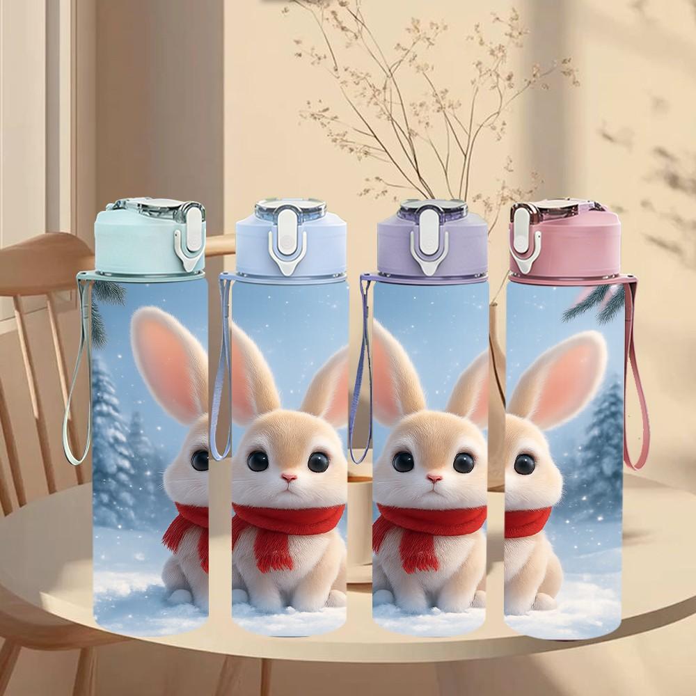 1PC White Rabbit Red Scarf Winter Print 750ml Color Plastic Sports Water Bottle Leakproof Flip Straw Lid Suitable for Sports Office Home Use