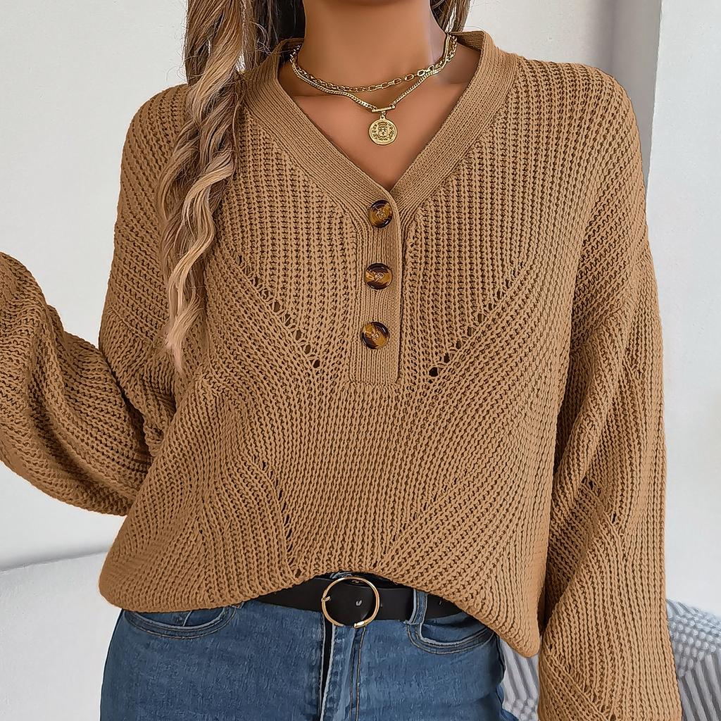 GMXIA Women's Fashion Casual Solid Color Autumn Winter Long Sleeve V-neck Loose Hollow-out Button Lantern Sleeve Pullover Sweater