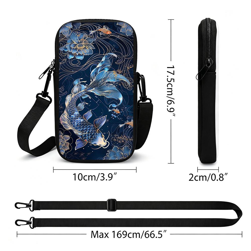Elegant Gold Line Koi Fish Floral Print Crossbody Phone Bag, Vintage Japanese Style Small Shoulder Purse, Festive Holiday Gift Travel Accessories Wome
