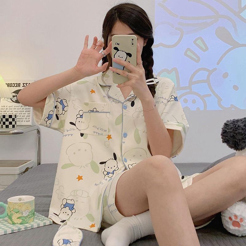 WeChat new short-sleeved pajamas women's summer lapel cute geometric loungewear Japanese and Korean popular shorts set