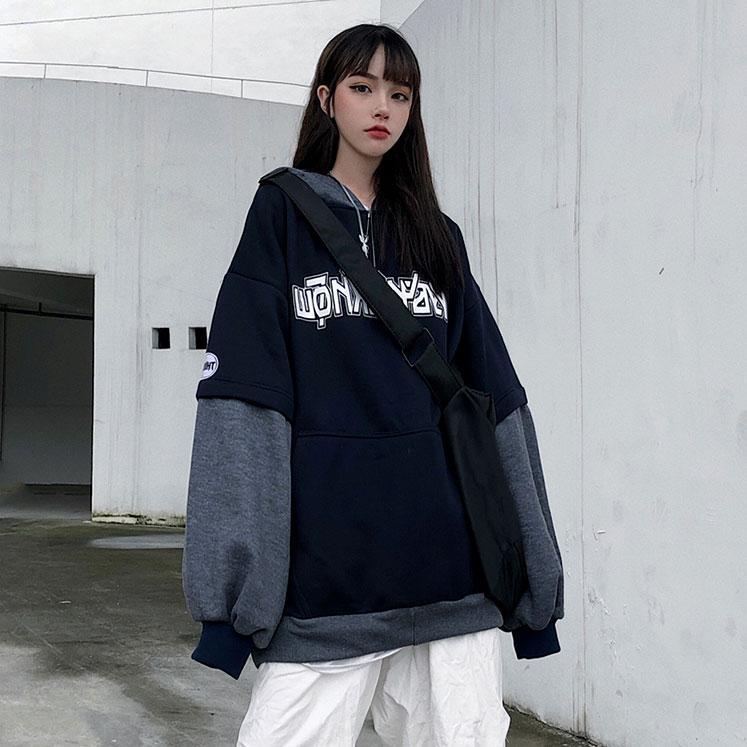 M ~ 4XL Y2K Топ женские толстовки с принтом готические темные толстовки свободный искусственный свитер из двух частей женский осенне-зимний плюс бархатная толстая куртка с капюшоном