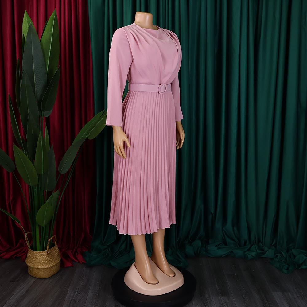 Women's Dress Spring and Autumn Temperament Elegant Pressed Pleated Commuter OL Solid Colour Plus Size Dresses