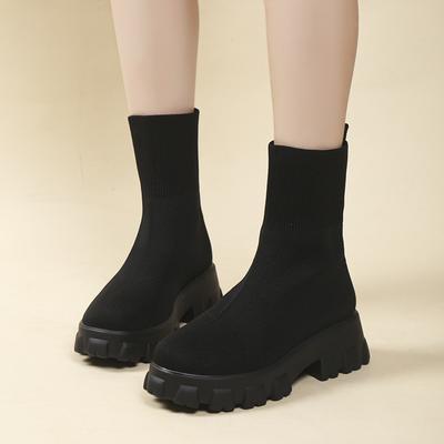 Женские ботильоны на платформе с квадратным носком на массивном блочном каблуке, эластичные вязаные ботильоны без шнуровки, осенние женские сапоги с высоким берцем