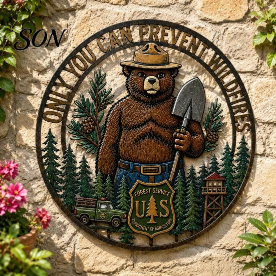 Indoor Office Wall Decor Only You Can Prevent Wildfires Metal Sign, Vintage Round Bear Retro Texture Ornament Hanging Decor, Funny Tin Sign for Home,