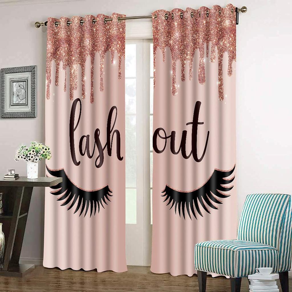 Luxury Thin Shading Window Curtains for Living Room, Girl Eyelash Eyebrow, Cheap 3D Print, Bedroom Decoration On Sale, 2 Pieces