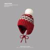 Вязаная шапка в стиле Fair Isle с меховыми помпонами для женщин, осенне-зимняя шерстяная шапка для защиты ушей, утепленная теплая шапка-пуловер для активного отдыха в северо-восточном регионе.