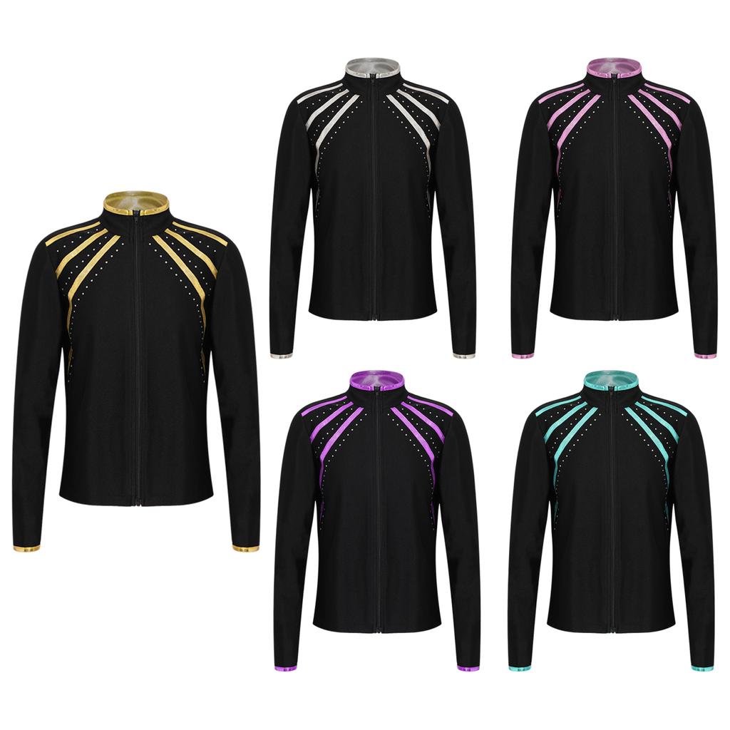 Girls Figure Skating Warm Up Jacket Metallic Striped Rhinestone Embellished Stand Collar Long Sleeve Zipper Sweatshirt for Gymnastics