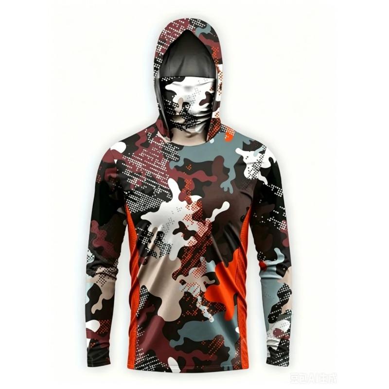 UPF50+ Camo Men Long Sleeve Fishing Hoodie With Face Mask Lightweight Breathable Quick Dry Outdoor Fishing Jersey
