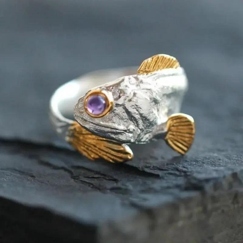 Creative Lucky Purple Eye Koi Fish Animal Opening Adjustable Ring Men's and Women's Wealth Trendy Jewelry