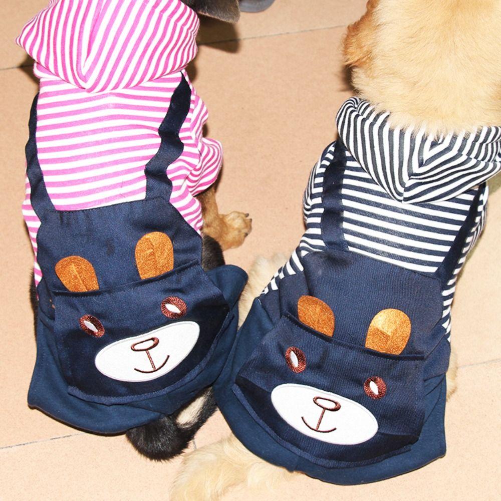 Casual Cartoon Bear Printed Puppy Cat Clothing Warm Jumpsuit Dog Pullover Hoodie Striped Soft Cat Sweatshirt Small Dogs