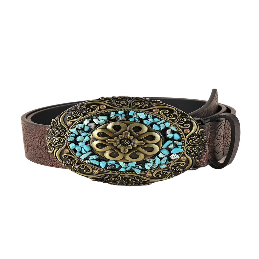 Cowboy Belt Vintage White Stone Buckle Belt Engraved Flower Belt Embossed Leather Belt Vintage Western Belt Jeans Belt
