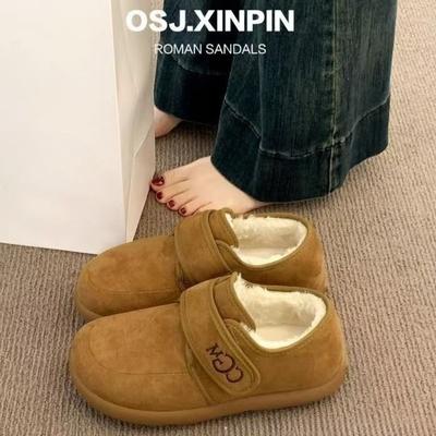 Зимние ботинки на тонкой подошве и плюшевые туфли, осенне-зимние хлопковые ботинки на липучке, нескользящие пушистые туфли-бобы, теплые женские хлопковые туфли