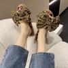 Fashion Winter Women's Warm and Fluffy Home Leopard Print Bow Decorated Furry Cotton Slippers