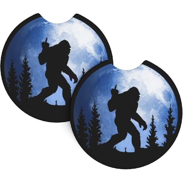 Sasquatch Bigfoot Trees Forest Car Coasters for Cup Holders Pack of 2 Neoprene Cup Mat Pad Vehicle Interior Accessories for Men Women