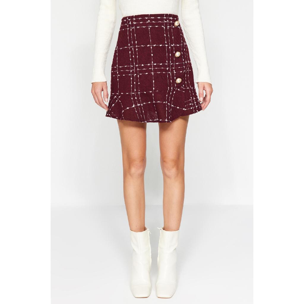 Burgundy Buttoned Tweed Fabric Mini Woven Skirt With Flounce Hem Twoaw22et0155