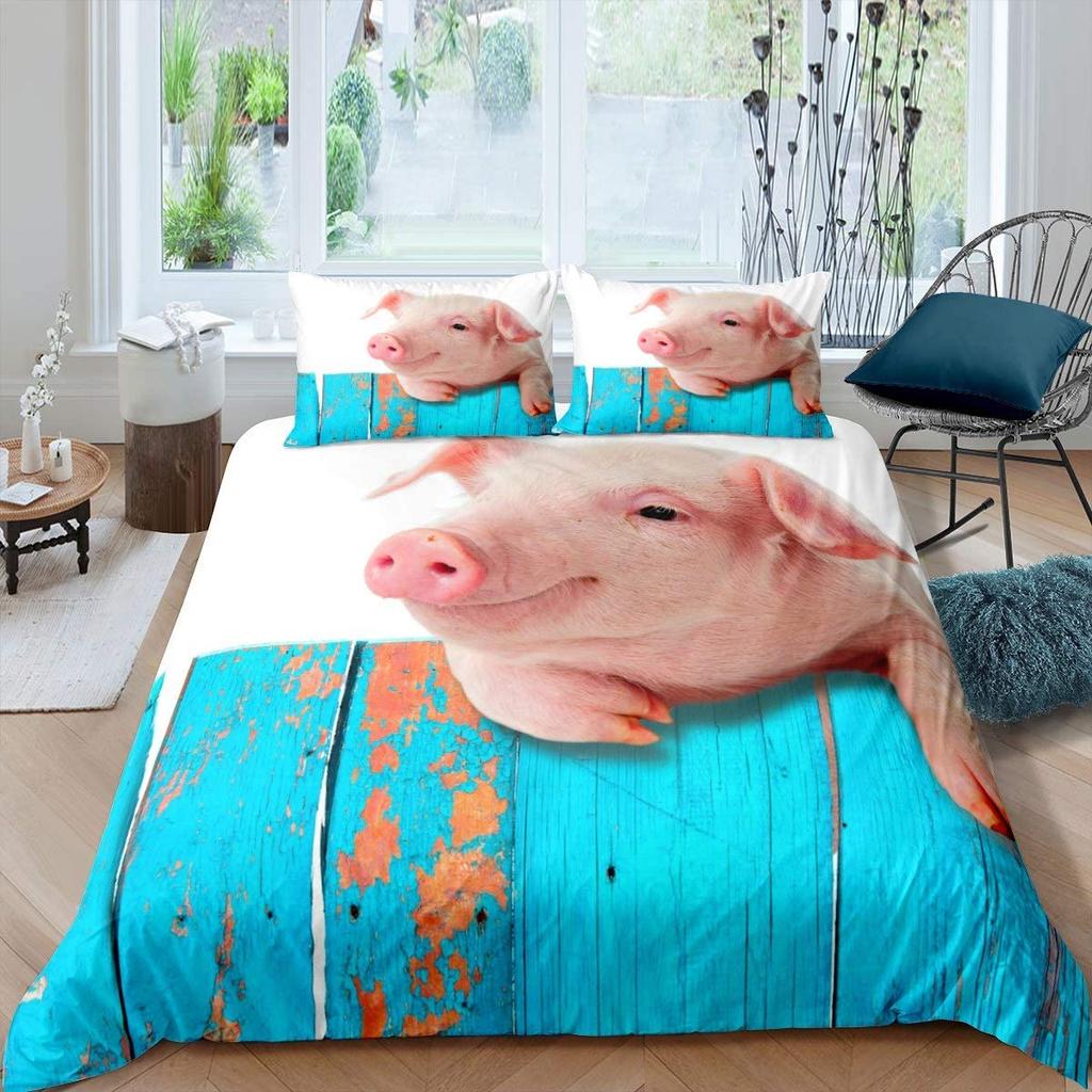 Cartoon Kawaii Pig King Queen Duvet Cover Happy Farm Animal Bedding Set Pink Piggy Quilt Cover 2/3pcs Polyester Comforter Cover