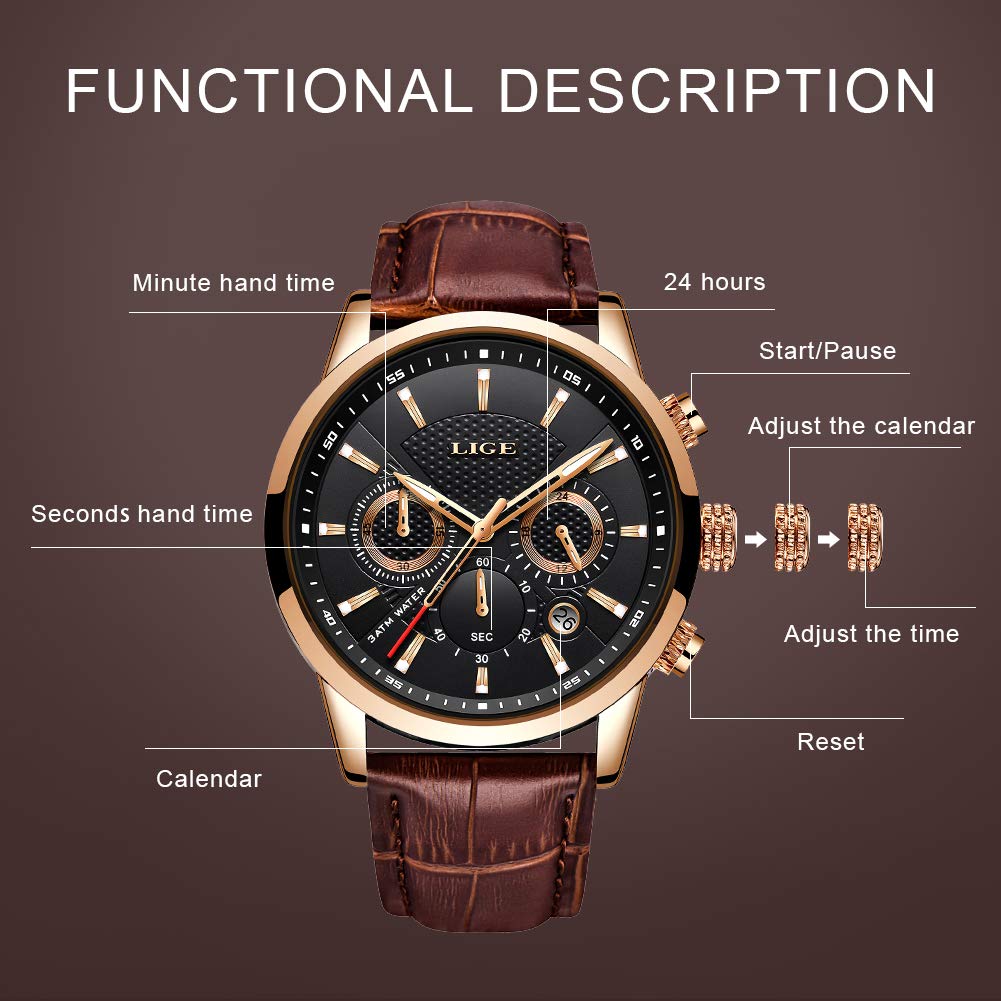 Часы Ute с кожаным ремешком, многофункциональные водонепроницаемые, аналоговые, кварцевые, спортивные, деловые, мужские