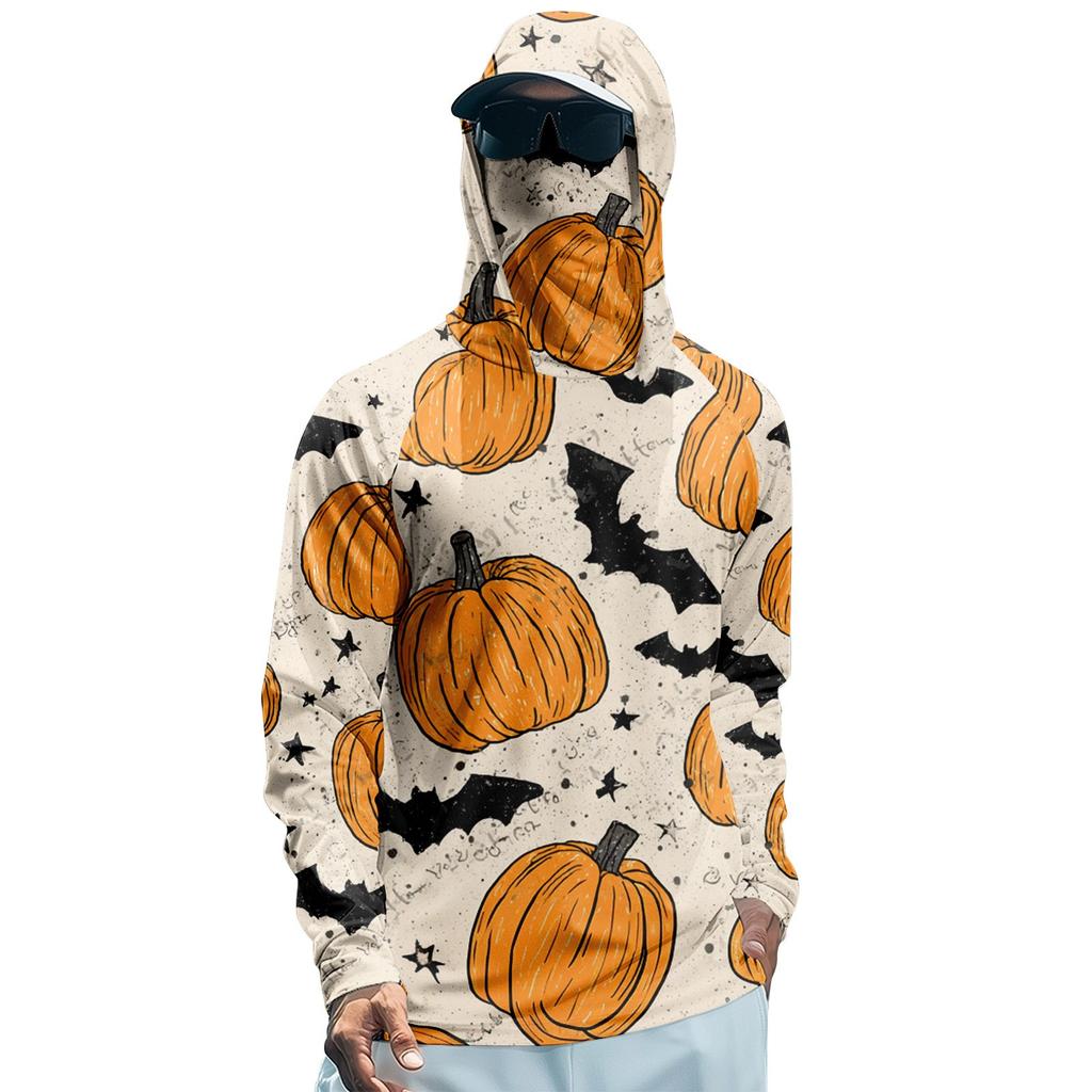 Мужская худи реглан для рыбалки с принтами на Хэллоуин - UPF 50+ УФ защита, длинный рукав, солнцезащитная рубашка с сетчатым козырьком