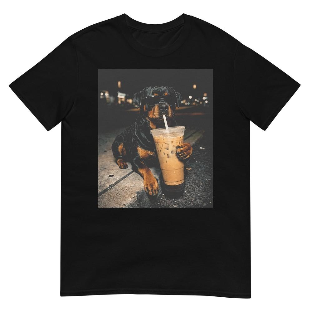 Cool Rottweiler Drinking Iced Coffee Funny Dog Art Tshirt