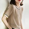 Женская рубашка с коротким рукавом, винтажные топы в квадратную клетку, рубашка из ледяного шелка с принтом, летняя блузка в рубчик, элегантные женские блузки