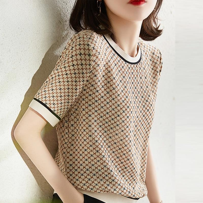 Женская рубашка с коротким рукавом, винтажные топы в квадратную клетку, рубашка из ледяного шелка с принтом, летняя блузка в рубчик, элегантные женские блузки