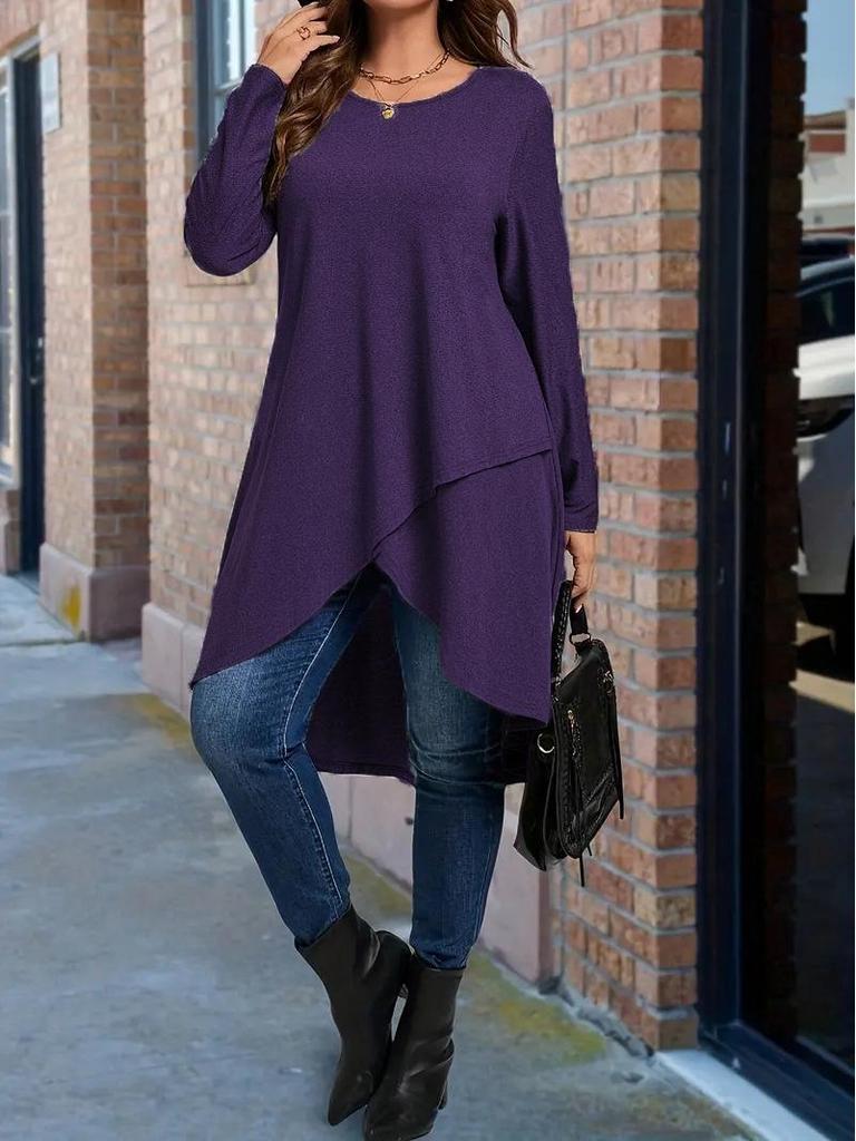 Plus Size Asymmetrical Hem Loose Long Sleeve Top (European & American Style, 2025)