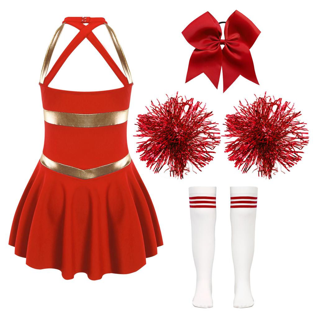 Kids Girls Shiny Cheerleading Costume Schoolgirls Dance Dress Uniform Complete Outfit with Pom Poms for Halloween Party