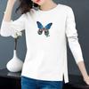 Spring Colorful Butterfly Print T-Shirts Long Sleeves Bottoming Shirts Women Cotton Pullover Casual Slit Shirt