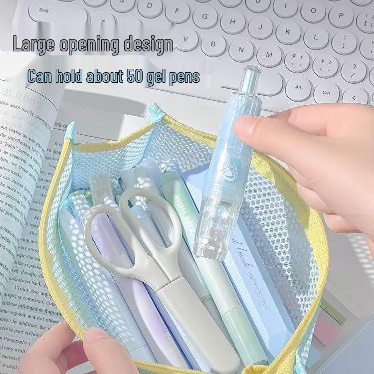 Korean Mesh Double Layer 3D Pencil Case - Large Capacity Transparent Stationery Bag