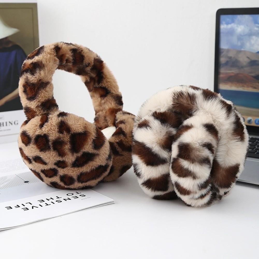 Collapsible Ear Muffs Plush Ear Cover Fashion Leopard Ear Warmer for Women Girls