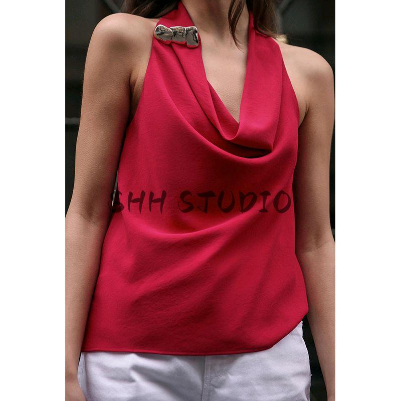 Spring and Summer New Women's Clothing Sexy Open Back Gold Inlaid Sleeveless Hanging Collar Casual Tops 2298058